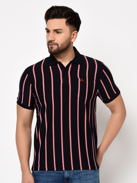 

98 Degree North Men Black Striped Polo Collar T-shirt