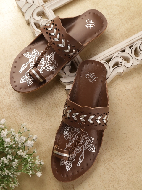 

House of Pataudi Women Brown & Silver-Toned Woven & Laser Cut Handcrafted One Toe Flats