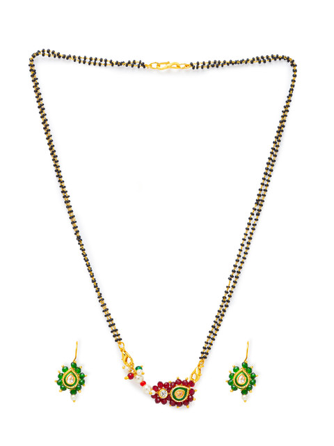 

Digital Dress Room Gold-Plated Black Studded Mangalsutra with Earrings