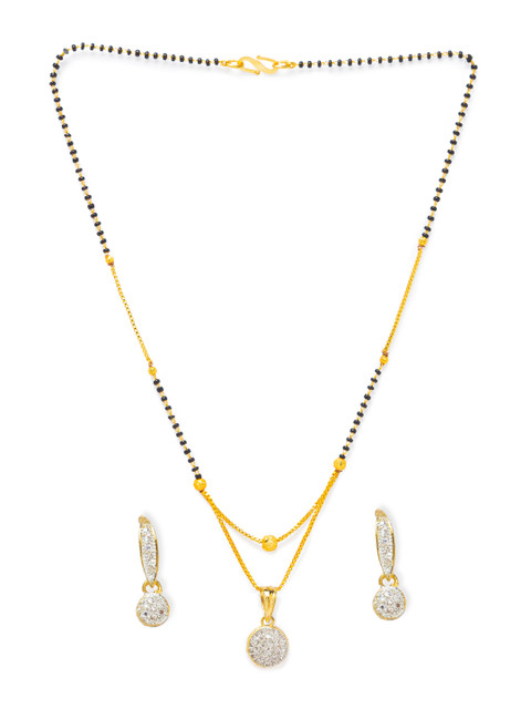 

Digital Dress Room Micro Gold-Plated Black & White Beaded & Stone-Studded Mangalsutra Set