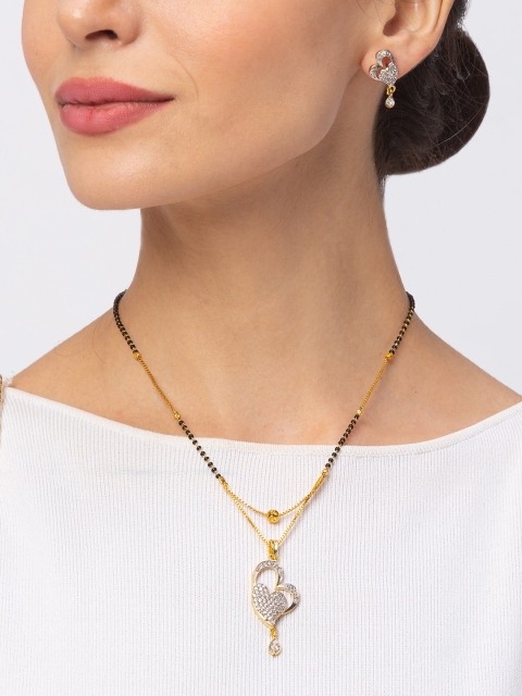 

Digital Dress Room Micro-Gold-Plated White & Black Beaded & Stone-Studded Mangalsutra With Earrings