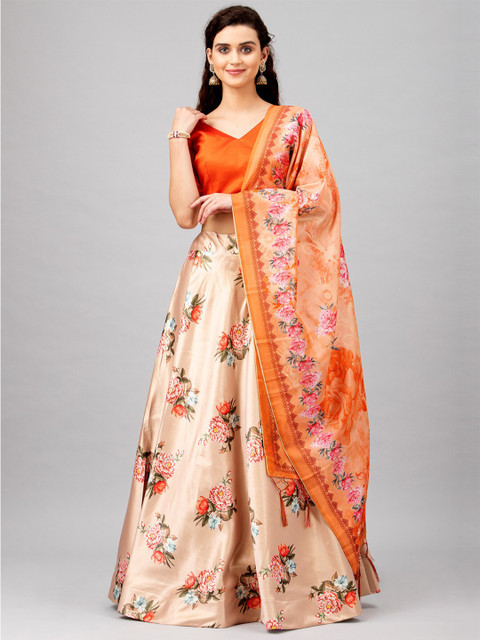 

Satrani Peach-Coloured & Pink Solid Semi-Stitched Lehenga & Unstitched Blouse with Dupatta