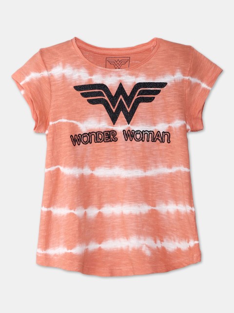 

Kids Ville Girls Peach-Coloured & White Wonder Woman Printed T-shirt