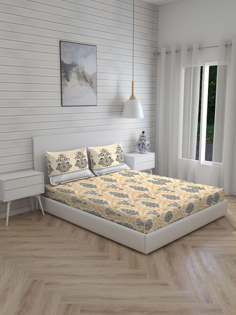 

Layers Cream-Coloured & Grey Ethnic Motifs 104 TC Cotton 1 Queen Bedsheet with 2 Pillow Covers