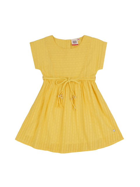 

Ed-a-Mamma Girls Yellow Self Striped Pure Cotton Dobby Weave A-Line Sustainable Dress with Belt