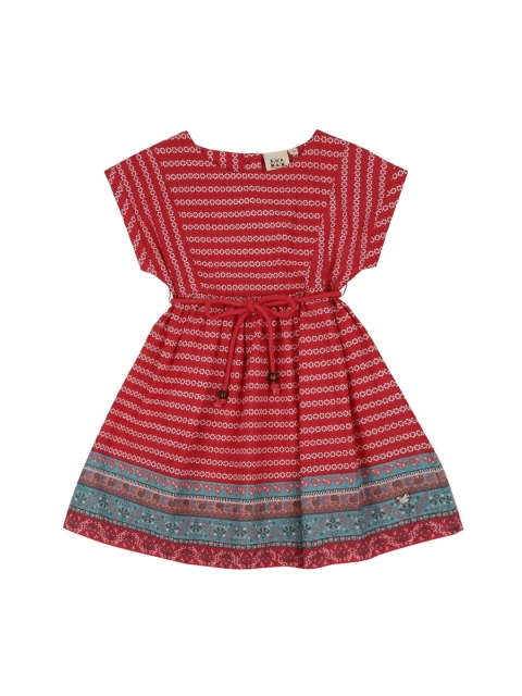 

Ed-a-Mamma Girls Red & Off-White Floral Print Pure Cotton A-Line Sustainable Dress