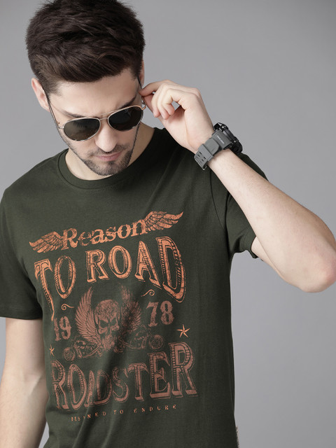 

Roadster Men Olive Green & Orange Graphic Print Cotton T-shirt