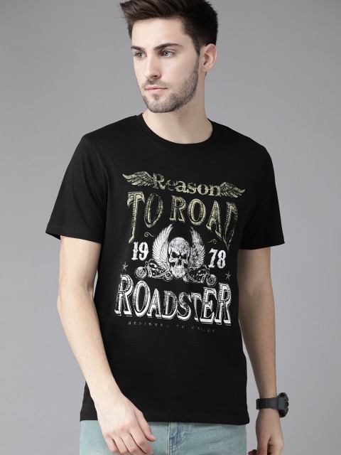 

Roadster Men Black & White Brand Logo Printed Pure Cotton T-shirt