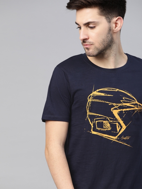 

Roadster Men Navy Blue & Mustard Yellow Pure Cotton Biker Printed T-shirt