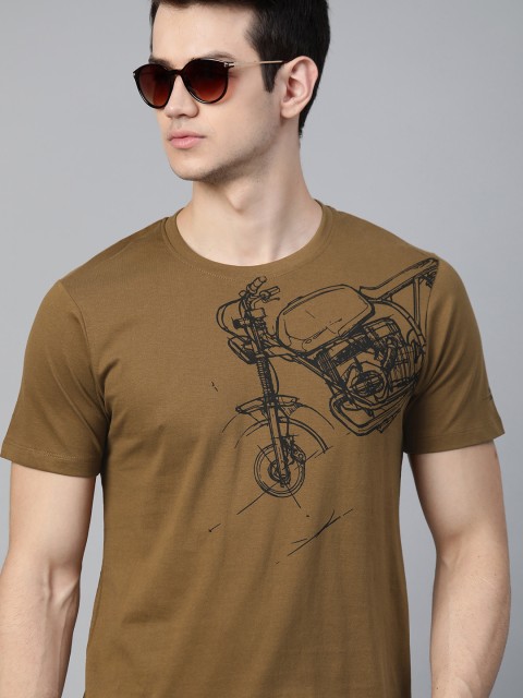 

Roadster Men Mustard Brown & Black Pure Cotton Biker Printed T-shirt