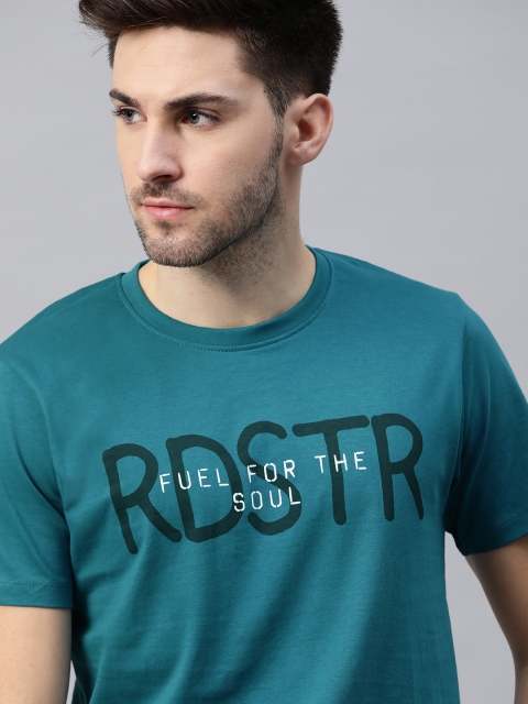 

Roadster Men Teal Blue Black Brand Logo Printed Pure Cotton T-shirt