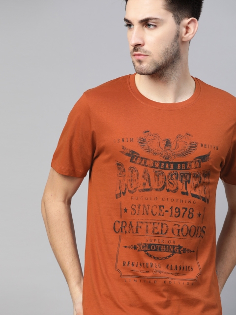 

Roadster Men Rust Orange & Black Brand Logo Printed Pure Cotton T-shirt