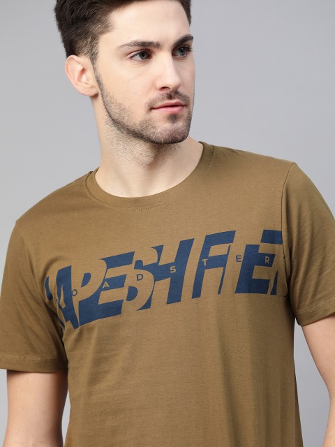 

Roadster Men Olive Brown & Navy Blue Typography Printed Pure Cotton T-shirt