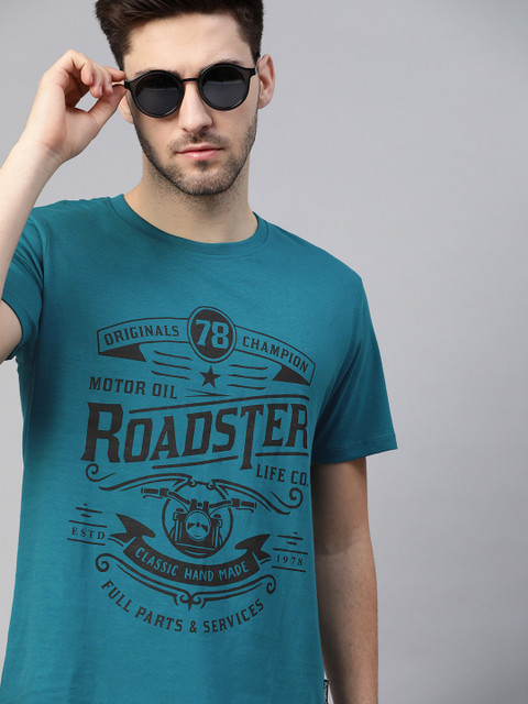 

Roadster Men Teal Blue & Black Pure Cotton Brand Logo Printed T-shirt
