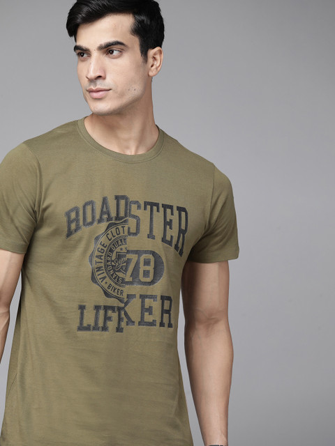 

Roadster Men Olive Green Black Pure Cotton Brand Logo Printed Pure Cotton T-shirt
