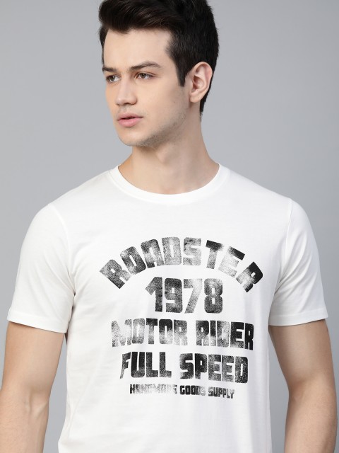 

Roadster Men White & Black Pure Cotton Brand Logo Printed T-shirt