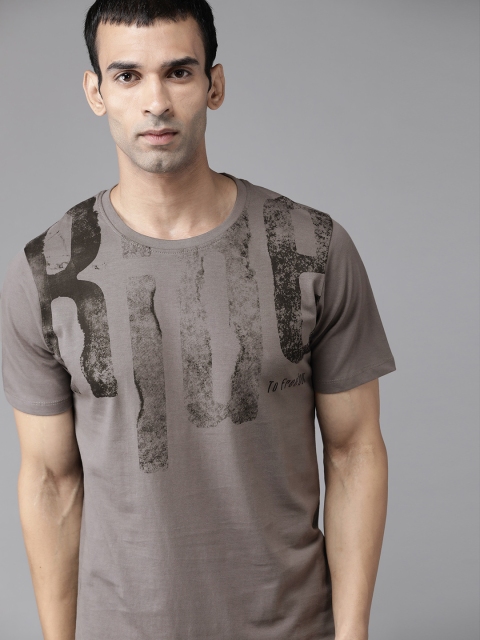 

Roadster Men Taupe & Black Brand Logo Printed Pure Cotton T-shirt