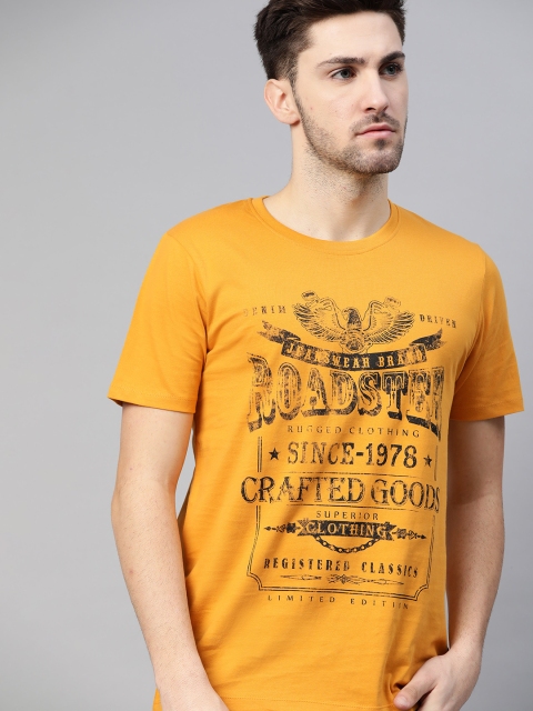 

Roadster Men Mustard Yellow & Black Printed Pure Cotton T-shirt