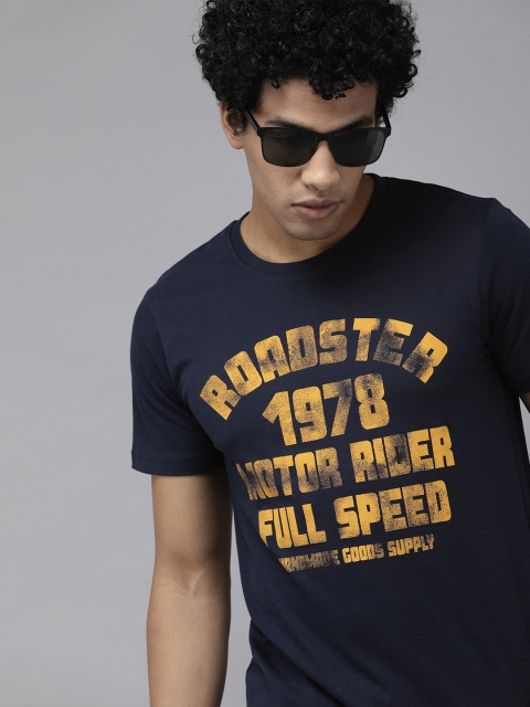 

Roadster Men Navy Blue Yellow Typography Printed Pure Cotton T-shirt