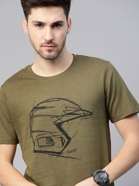 

Roadster Men Olive Green Pure Cotton Biker Printed Pure Cotton T-shirt