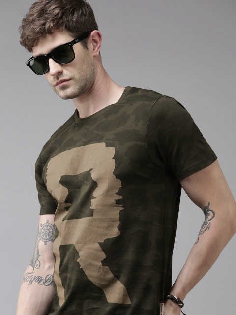 

Roadster Men Olive Green Brown Camouflage Printed Round Neck Pure Cotton T-shirt