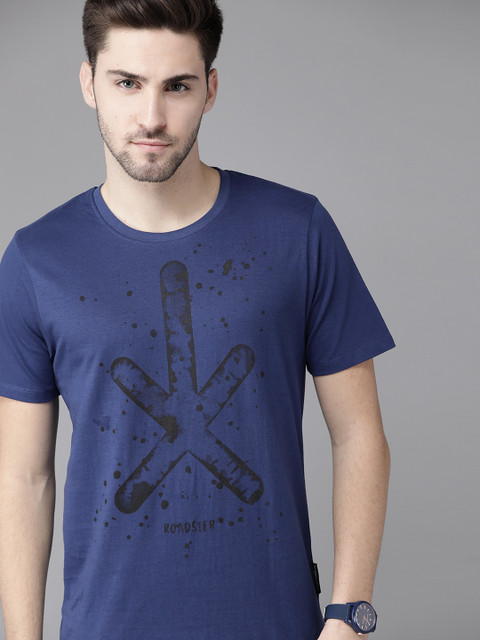 

Roadster Men Blue & Black Brand Logo Printed Pure Cotton T-shirt