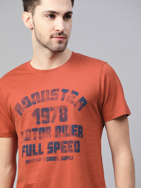 

Roadster Men Rust Blue Pure Cotton Brand Logo Printed Pure Cotton T-shirt
