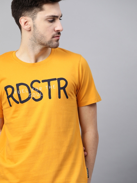 

Roadster Men Mustard Yellow & White Typography Printed Pure Cotton T-shirt