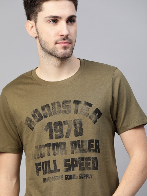 

Roadster Men Olive Green & Black Brand Logo Printed Pure Cotton T-shirt