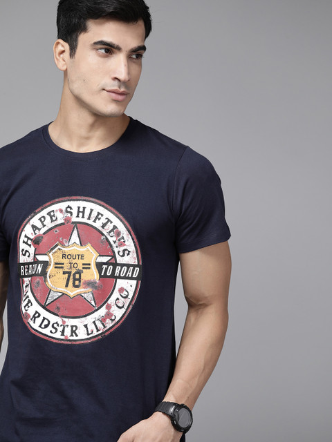 

Roadster Men Navy Blue White Brand Logo Printed Pure Cotton T-shirt