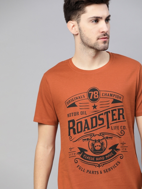 

Roadster Men Rust Orange Pure Cotton Brand Logo Printed T-shirt