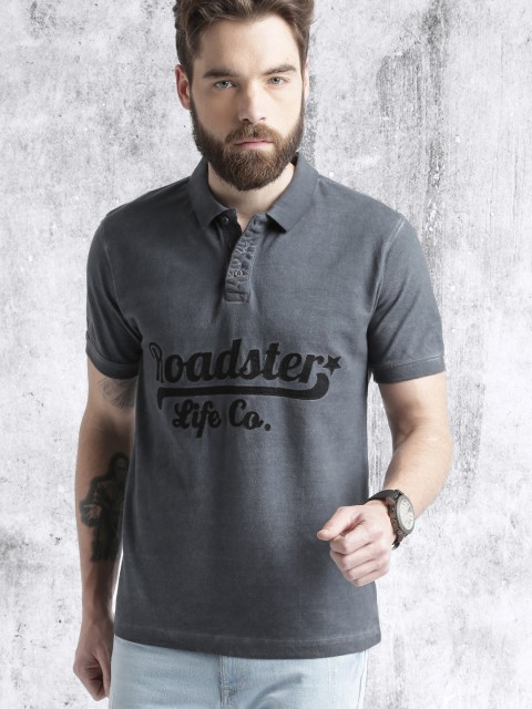 

Roadster Men Charcoal Grey Washed Polo Collar Pure Cotton T-shirt