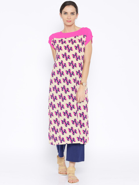 

Vishudh Cream-Coloured & Pink Polyester Printed Kurta