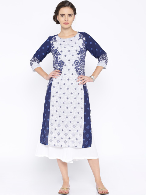 

Vishudh Navy & Grey Printed Polyester Kurta, Navy blue