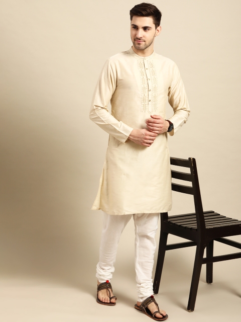 

Anouk Men Cream-Coloured & White Yoke Design Regular Straight Kurta with Trousers