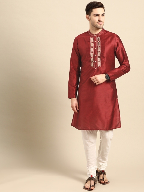 

Anouk Men Red & White Yoke Design Regular Thread Work Straight Kurti with Trousers