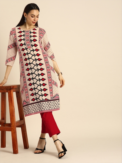 

Anouk Women Cream-Coloured & Red Ethnic Motifs Printed Pure Cotton Kurta with Trousers