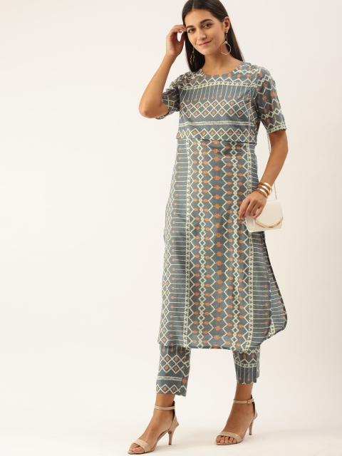 

Anouk Women Grey Geometric Printed Pure Cotton Kurta with Trousers