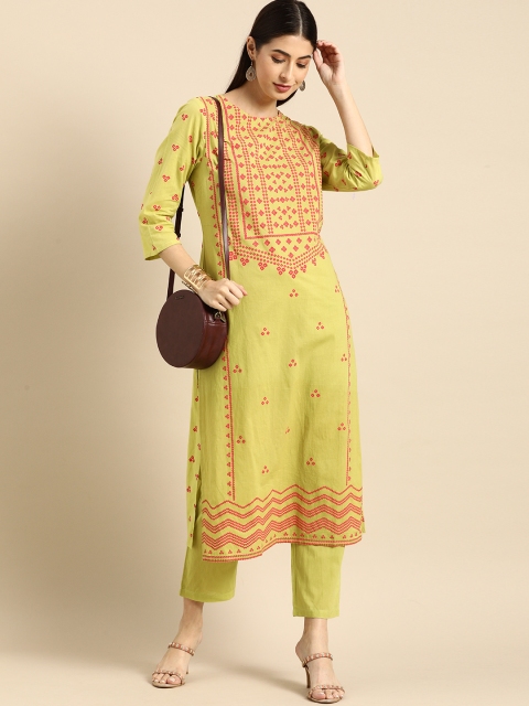 

Anouk Green Geometric Printed Regular Pure Cotton Kurta with Palazzos