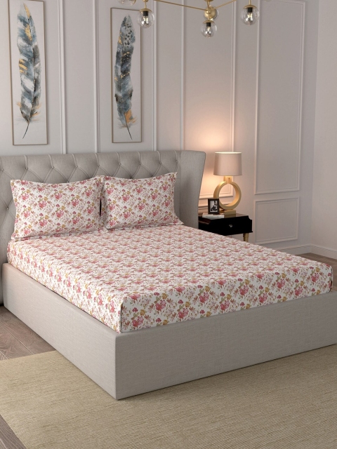 

In-House by maspar White & Red Floral 144 TC Cotton 1 King Bedsheet with 2 Pillow Covers