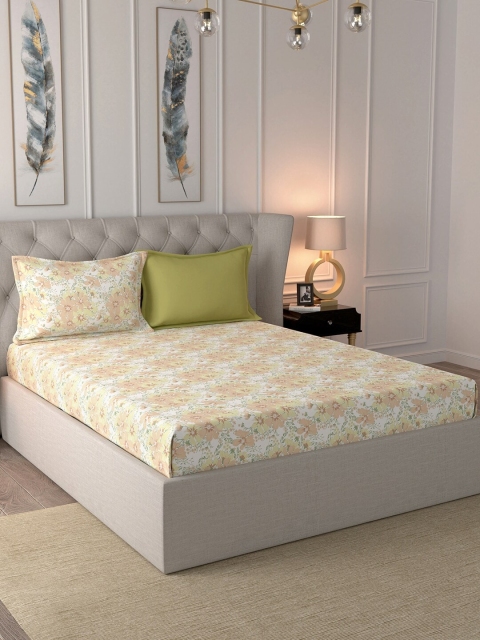 

In-House by maspar White & Orange Floral 210 TC Cotton 1 King Bedsheet with 2 Pillow Covers