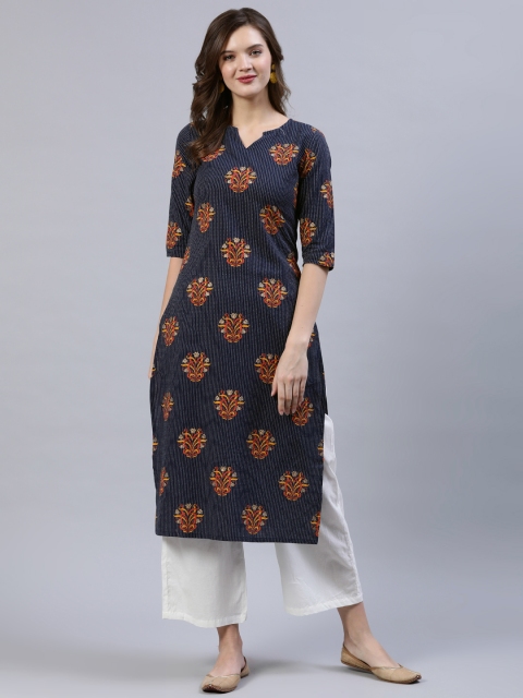

Nayo Women Navy Blue Printed Straight Kurta With Plazzo