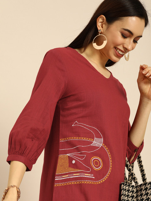 

Anouk Women Maroon Thread Work Button Detailed Kurta