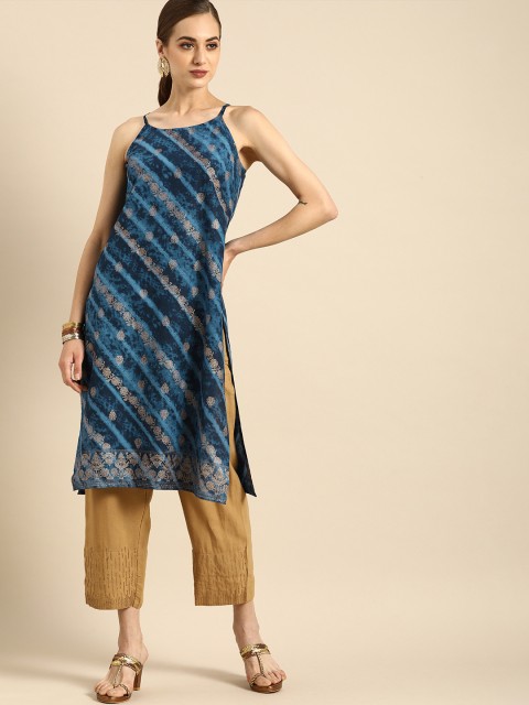 

Anouk Women Navy Blue Floral Print Pure Cotton Indigo Kurta