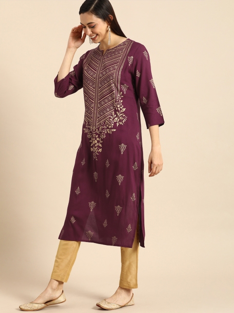 

Anouk Women Purple & Golden Ethnic Motifs Printed Kurta