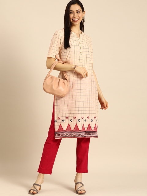 

Anouk Women Off White & Pink Checked Kurta