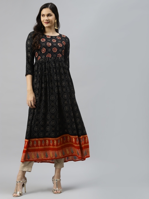 

Nehamta Women Black & Red Bandhani Printed Mirror Work Anarkali Kurta