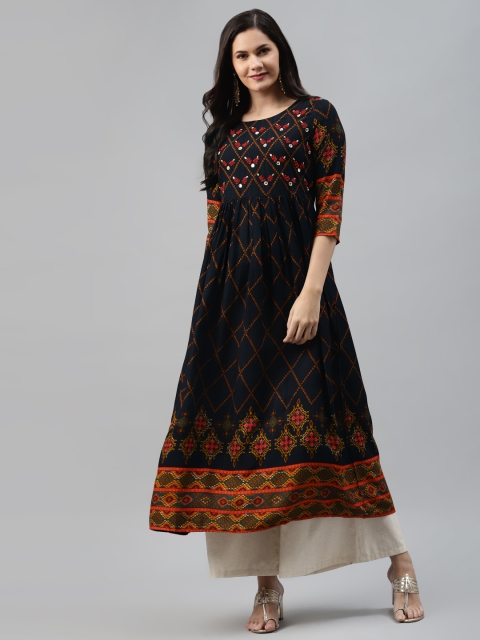 

Nehamta Women Navy Blue & Orange Printed Mirror Work Kurta