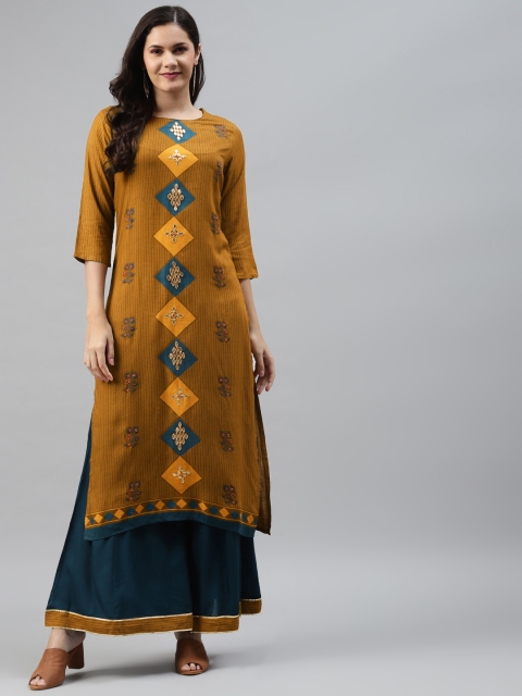 

Nehamta Women Olive Brown & Mustard Yellow Geometric Gotta Patti Straight Kurta & Palazzo