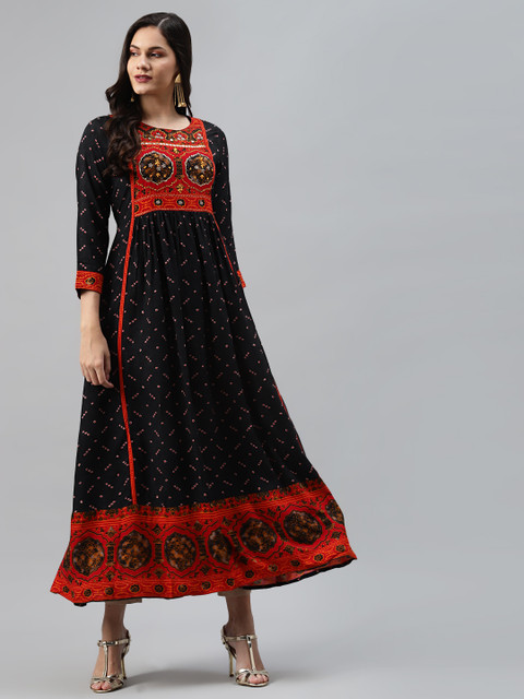 

Nehamta Women Black & Red Ethnic Motifs Printed Kurta With Mirror Work
